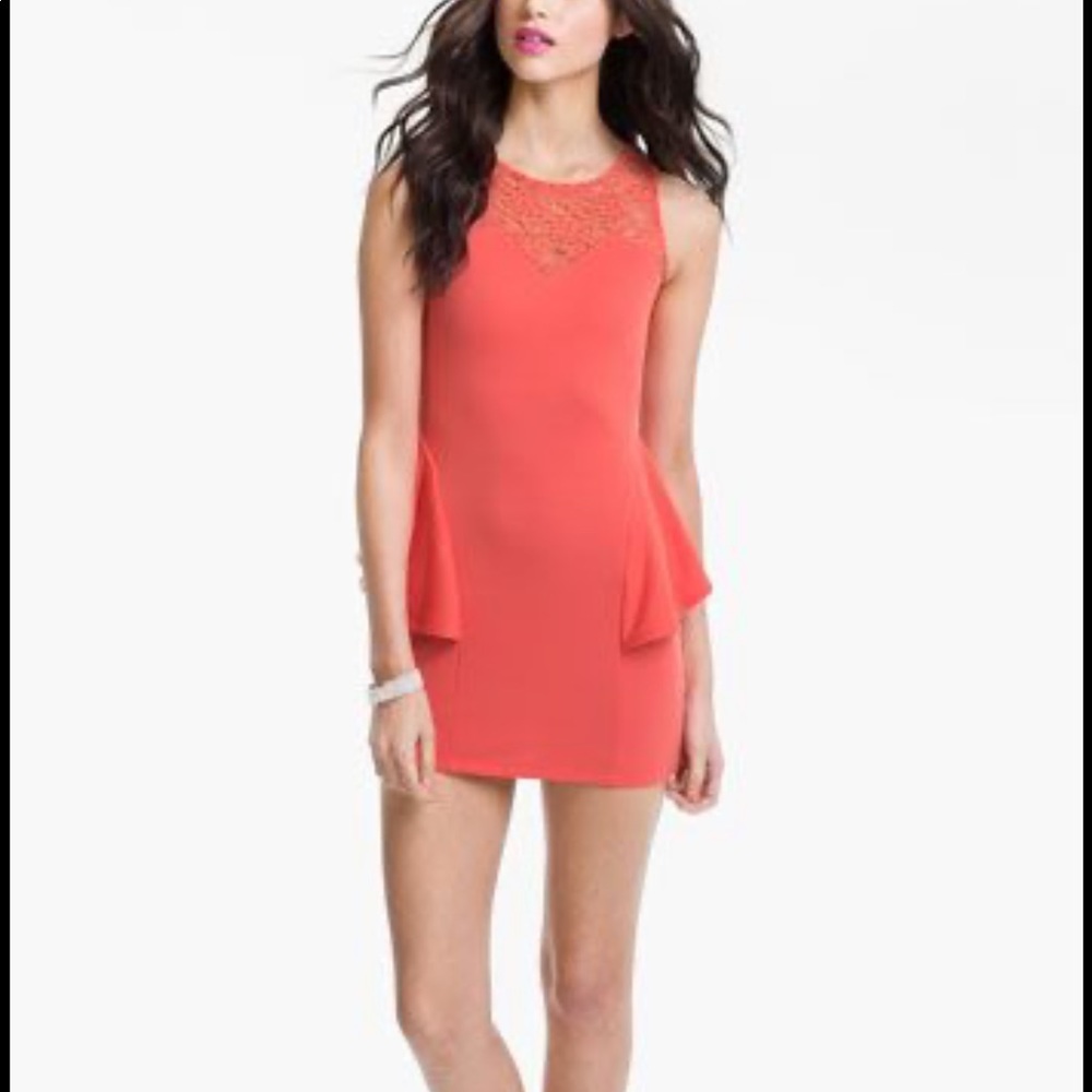 coral peplum lace mini dress